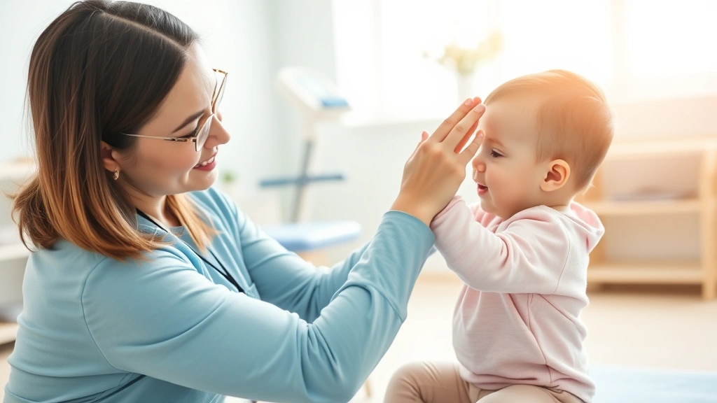 A pediatric physical therapist gently guiding an infant's arm movement during a therapy session in a bright clinical setting with soft natural lighting and therapeutic equipment visible in background