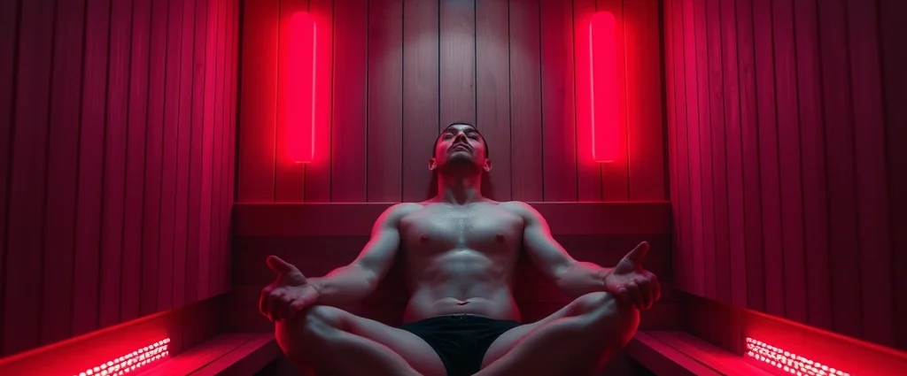 Person sitting in modern infrared sauna with red and infrared light panels glowing, warm therapeutic environment, relaxed expression, professional spa setting