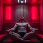 Person sitting in modern infrared sauna with red and infrared light panels glowing, warm therapeutic environment, relaxed expression, professional spa setting