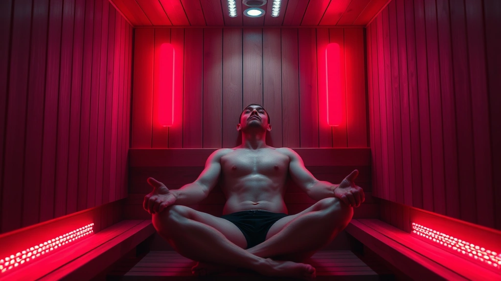 Person sitting in modern infrared sauna with red and infrared light panels glowing, warm therapeutic environment, relaxed expression, professional spa setting