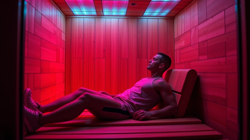 Athlete recovering in infrared sauna chamber with integrated red light therapy, professional sports recovery facility, focused and peaceful atmosphere