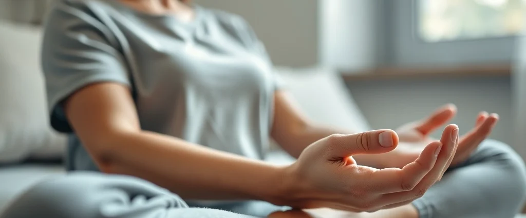 Close-up of a patient's hands resting peacefully on their lap during meditation, soft natural light from window, serene expression, therapeutic environment with neutral tones