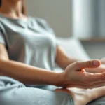 Close-up of a patient's hands resting peacefully on their lap during meditation, soft natural light from window, serene expression, therapeutic environment with neutral tones