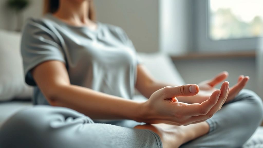 Close-up of a patient's hands resting peacefully on their lap during meditation, soft natural light from window, serene expression, therapeutic environment with neutral tones