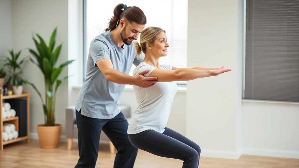 Physical therapist guiding patient through mindful movement exercise, patient focused and aware, modern rehabilitation clinic setting, demonstrating body awareness and intentional motion