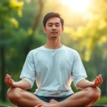 Serene person meditating outdoors in natural sunlight, peaceful forest background, calm facial expression, cross-legged position, soft natural lighting, photorealistic