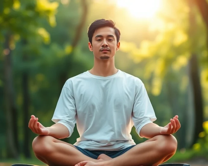Serene person meditating outdoors in natural sunlight, peaceful forest background, calm facial expression, cross-legged position, soft natural lighting, photorealistic