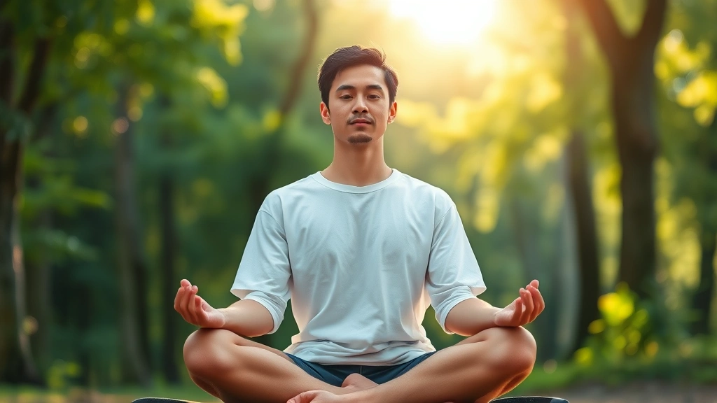 Serene person meditating outdoors in natural sunlight, peaceful forest background, calm facial expression, cross-legged position, soft natural lighting, photorealistic