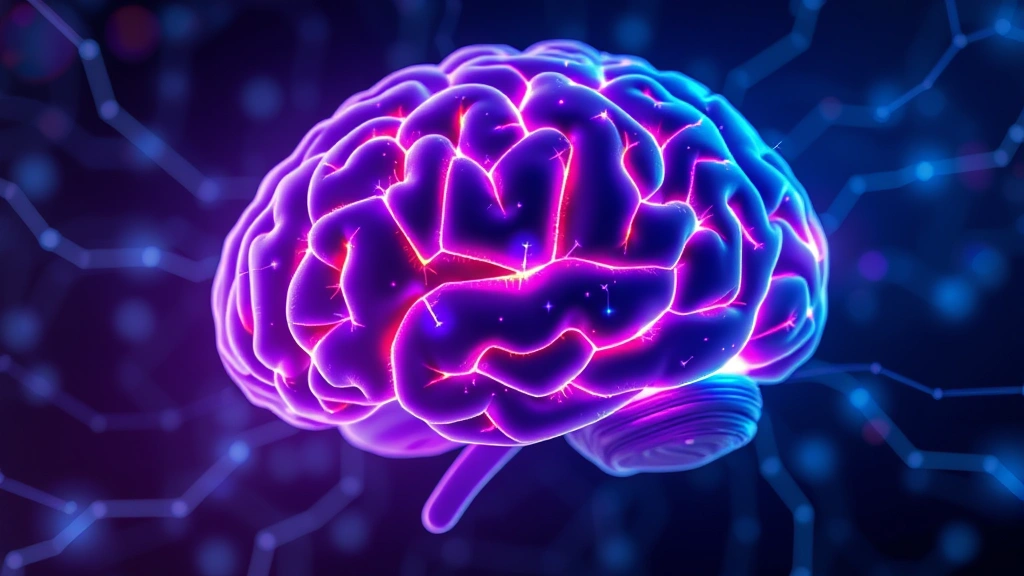 Brain illustration showing neural connections glowing with blue and purple light, representing neuroplasticity and mindfulness, scientific visualization style, photorealistic