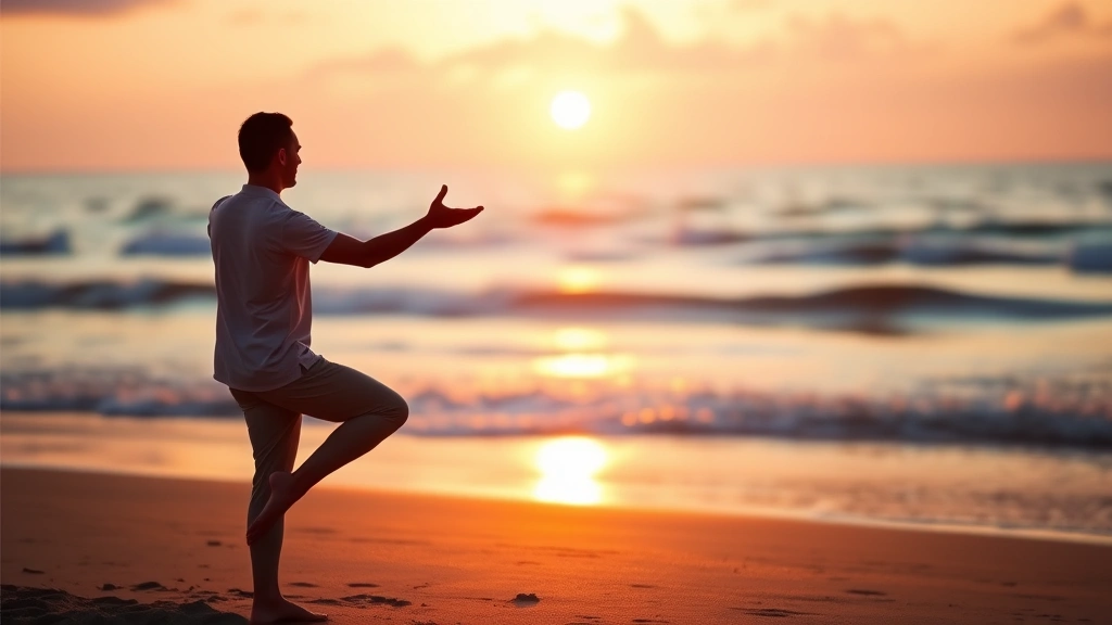 Person practicing yoga on peaceful beach at sunrise, mindful movement, ocean waves blurred background, golden hour lighting, serene atmosphere, photorealistic