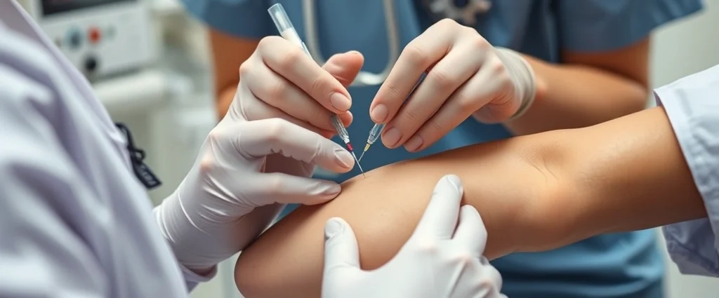 Professional nurse inserting intravenous line with sterile technique, close-up of hands performing venipuncture on patient arm, clinical setting with medical equipment visible