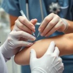 Professional nurse inserting intravenous line with sterile technique, close-up of hands performing venipuncture on patient arm, clinical setting with medical equipment visible