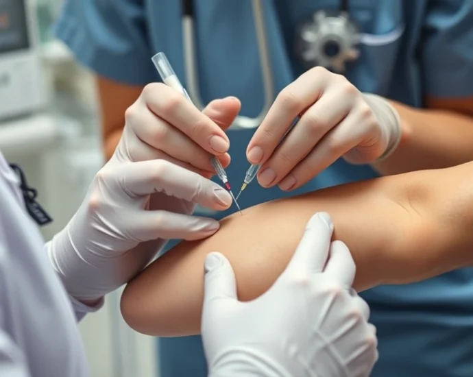 Professional nurse inserting intravenous line with sterile technique, close-up of hands performing venipuncture on patient arm, clinical setting with medical equipment visible