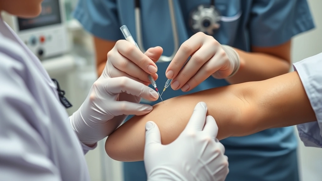 Professional nurse inserting intravenous line with sterile technique, close-up of hands performing venipuncture on patient arm, clinical setting with medical equipment visible