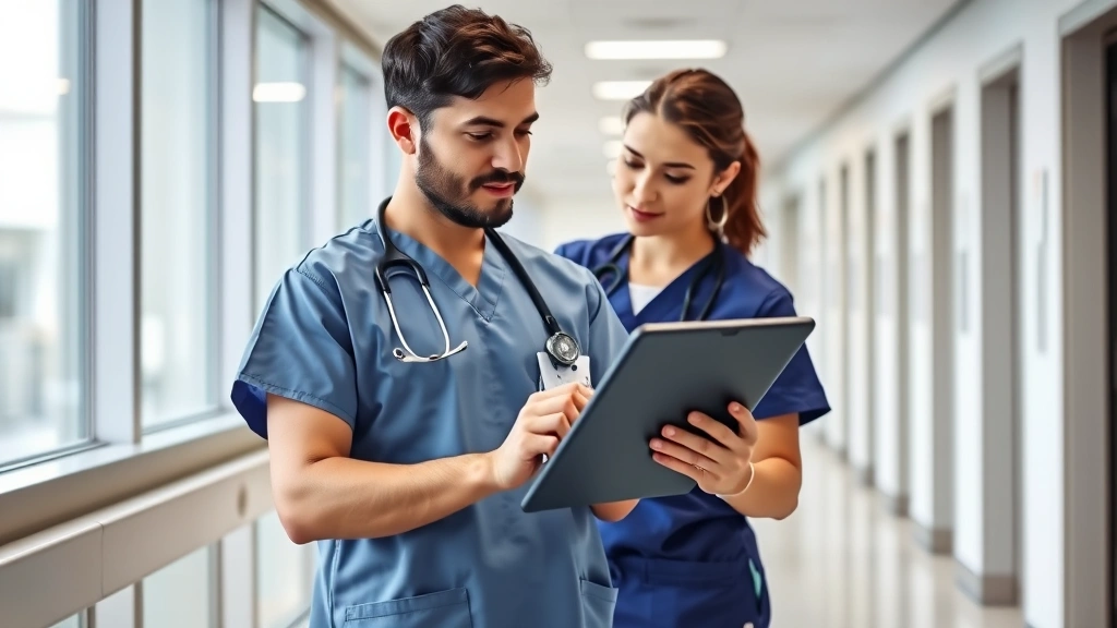 Healthcare professional in scrubs reviewing IV therapy protocols on tablet device in modern hospital corridor, professional development and continuing education concept