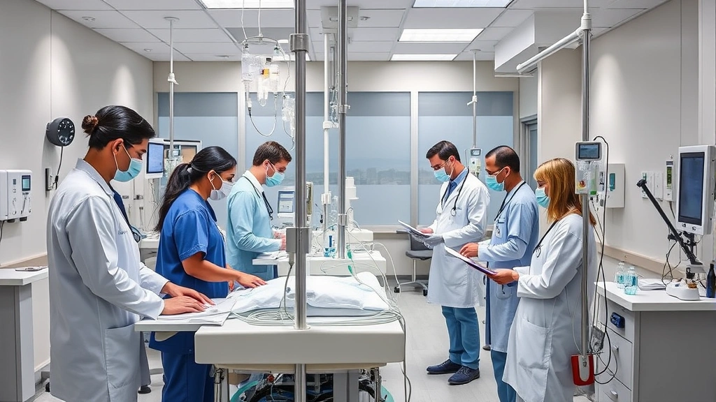 Diverse medical team in infusion center managing IV therapy stations, collaborative healthcare environment showing modern clinical practice with multiple patient care stations
