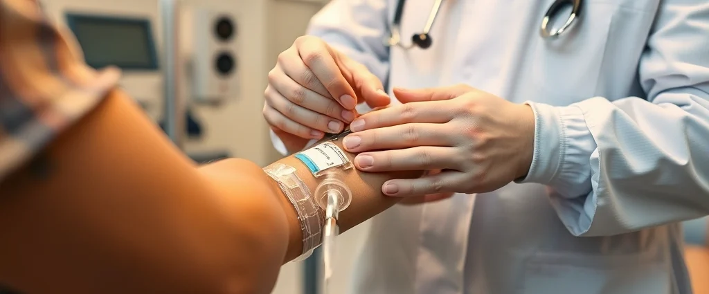 Medical professional administering intravenous IV drip to patient's arm in modern clinical setting with warm lighting, close-up of hands and IV catheter insertion, professional healthcare environment