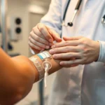 Medical professional administering intravenous IV drip to patient's arm in modern clinical setting with warm lighting, close-up of hands and IV catheter insertion, professional healthcare environment