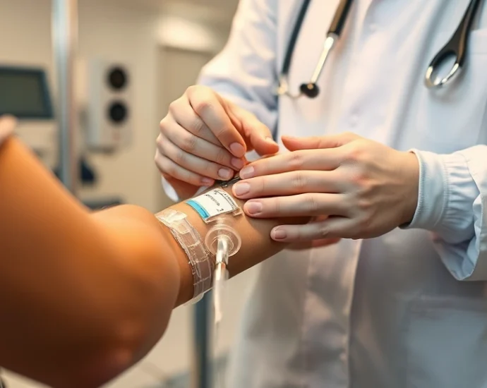 Medical professional administering intravenous IV drip to patient's arm in modern clinical setting with warm lighting, close-up of hands and IV catheter insertion, professional healthcare environment