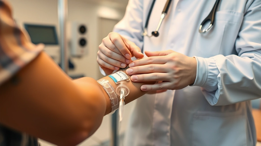 Medical professional administering intravenous IV drip to patient's arm in modern clinical setting with warm lighting, close-up of hands and IV catheter insertion, professional healthcare environment