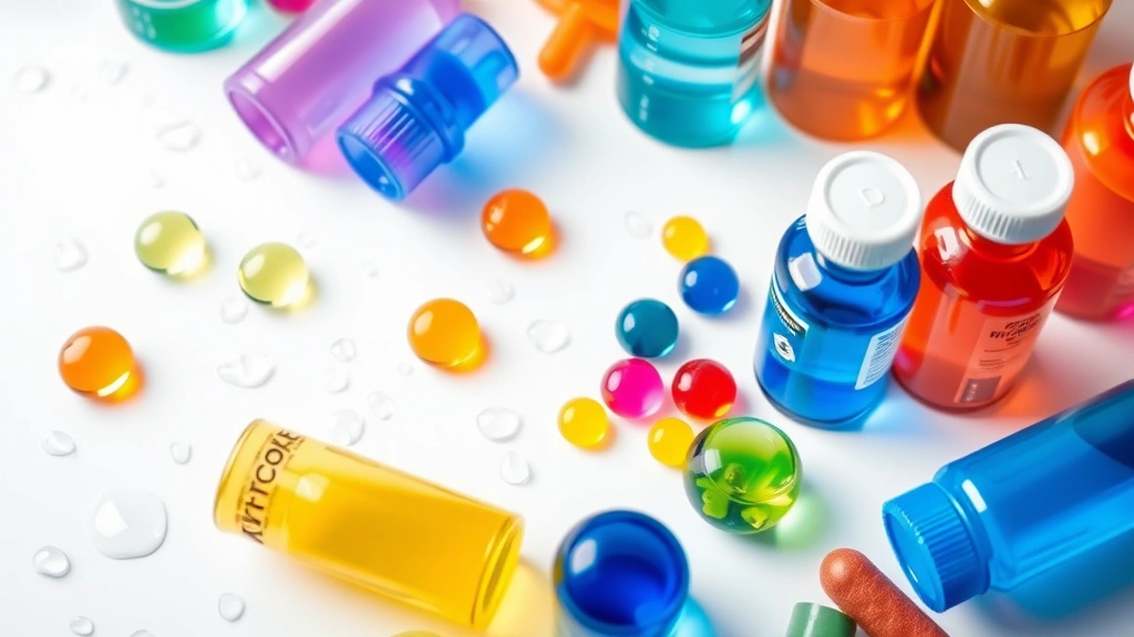 Colorful vitamin bottles and nutrient supplements arranged on white surface with water droplets, representing IV therapy formulations and nutrient compounds, bright medical laboratory aesthetic
