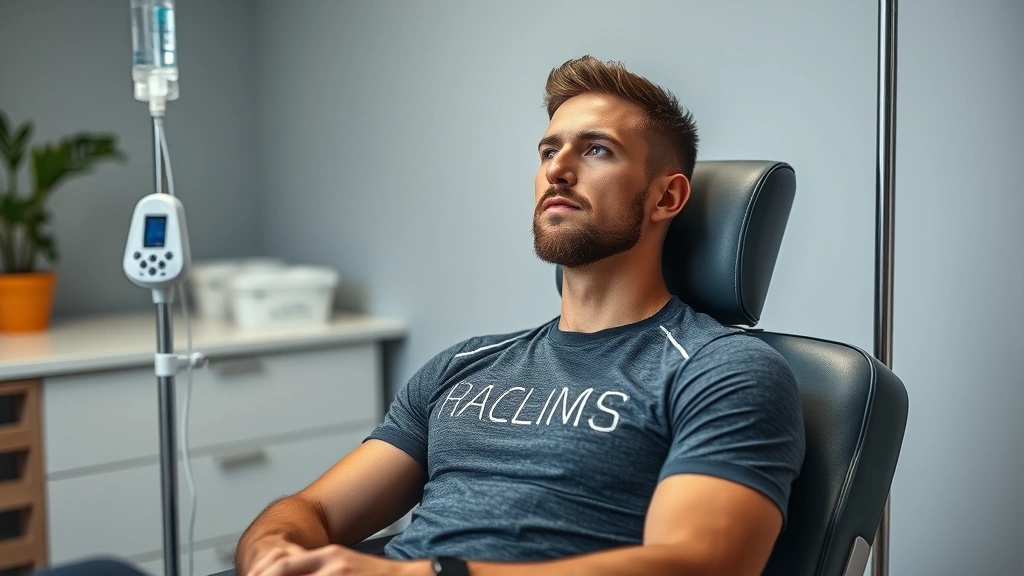 Athlete in recovery receiving IV therapy treatment in wellness clinic, seated in comfortable chair with IV stand, focused expression showing wellness and performance optimization
