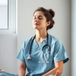 Healthcare professional in medical scrubs sitting peacefully in a quiet corner, eyes closed in meditation, natural window light, serene expression, hospital background softly blurred, representing stress relief during work breaks