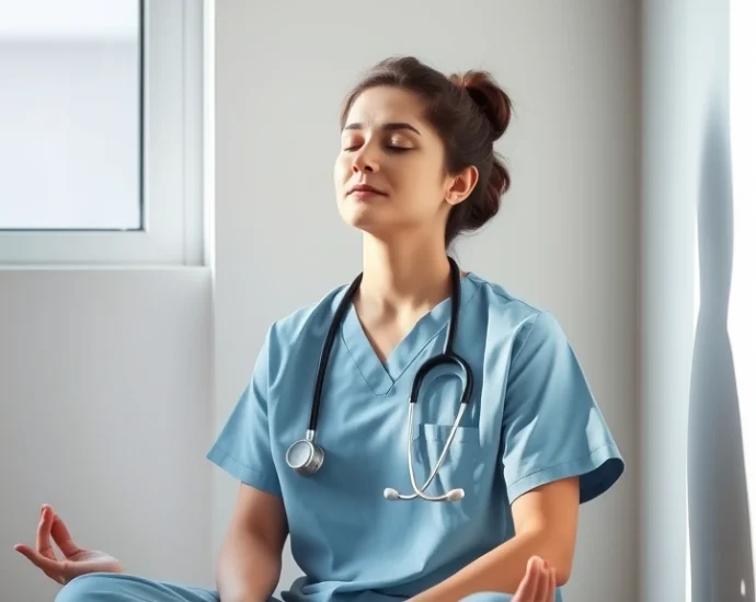 Healthcare professional in medical scrubs sitting peacefully in a quiet corner, eyes closed in meditation, natural window light, serene expression, hospital background softly blurred, representing stress relief during work breaks