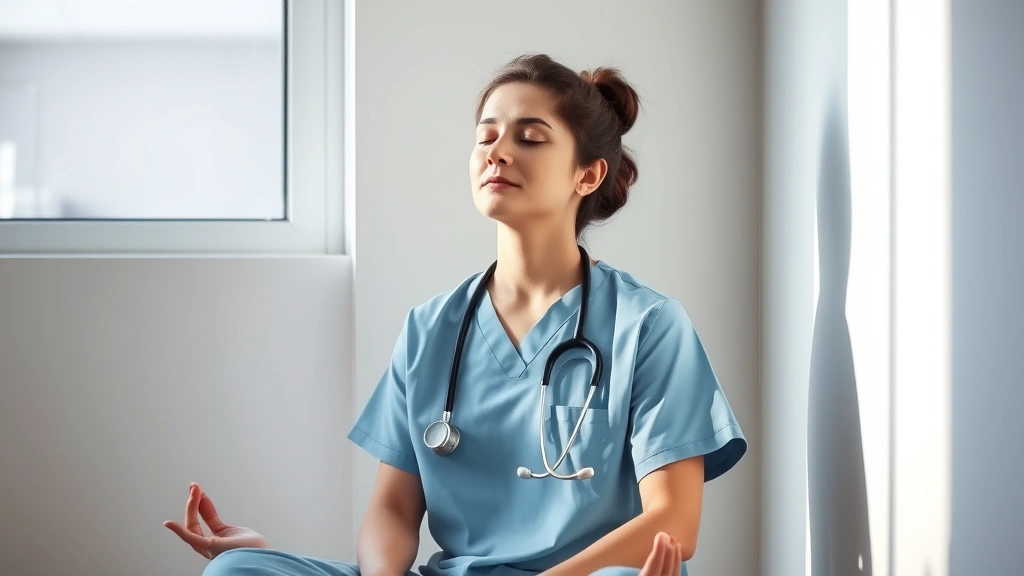 Healthcare professional in medical scrubs sitting peacefully in a quiet corner, eyes closed in meditation, natural window light, serene expression, hospital background softly blurred, representing stress relief during work breaks