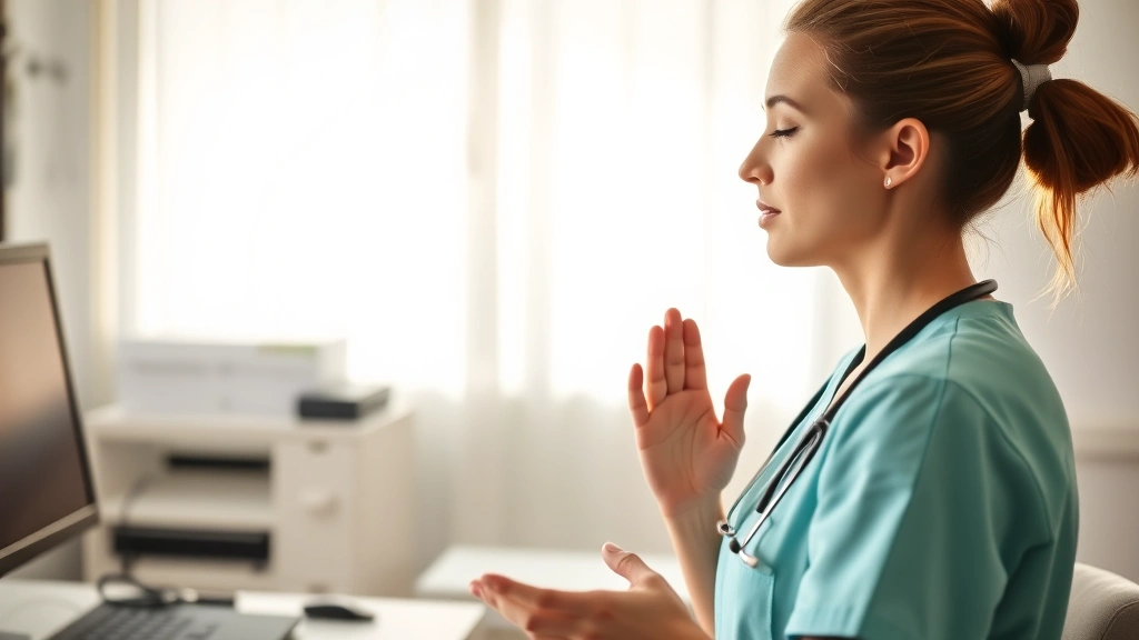 Nurse performing breathing exercises at a clinical workstation, hands positioned calmly, focused expression, stethoscope nearby, morning sunlight illuminating face, embodying mindfulness practice in healthcare settings