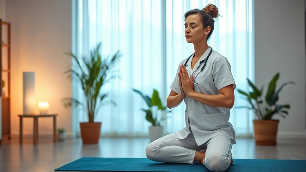 Medical professional practicing gentle yoga or stretching in wellness room, peaceful posture, calm lighting, therapeutic environment with plants and natural elements, representing mind-body wellness integration for healthcare workers