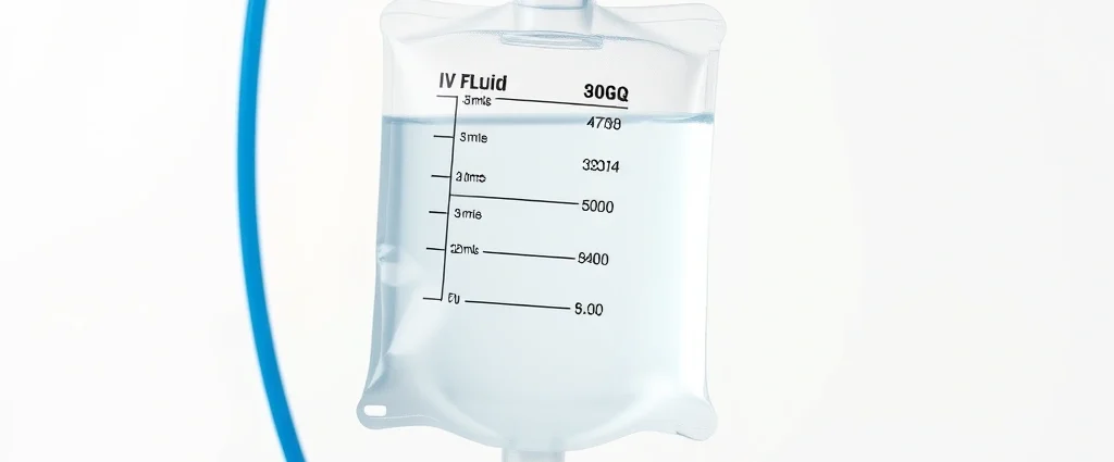 Close-up of clear IV fluid bag with blue tubing against soft white background, professional medical setting, high resolution, photorealistic, no text visible