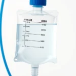 Close-up of clear IV fluid bag with blue tubing against soft white background, professional medical setting, high resolution, photorealistic, no text visible