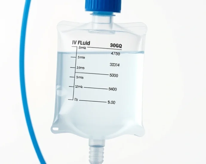 Close-up of clear IV fluid bag with blue tubing against soft white background, professional medical setting, high resolution, photorealistic, no text visible