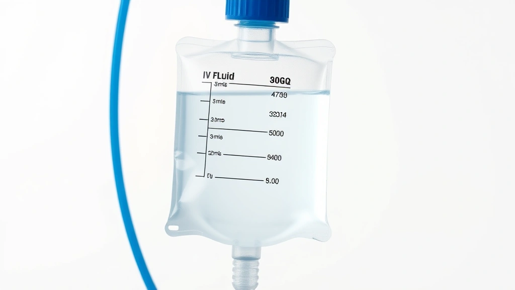 Close-up of clear IV fluid bag with blue tubing against soft white background, professional medical setting, high resolution, photorealistic, no text visible