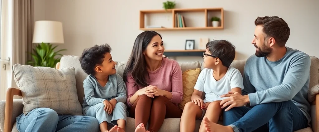 A diverse family of four sitting in a comfortable living room, engaged in genuine conversation and eye contact, warm lighting, parents and children showing open body language and emotional connection, professional photograph style
