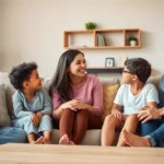 A diverse family of four sitting in a comfortable living room, engaged in genuine conversation and eye contact, warm lighting, parents and children showing open body language and emotional connection, professional photograph style