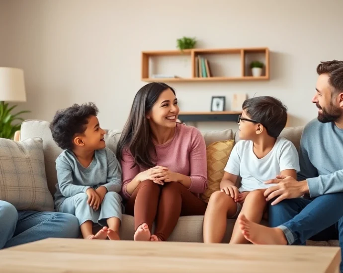 A diverse family of four sitting in a comfortable living room, engaged in genuine conversation and eye contact, warm lighting, parents and children showing open body language and emotional connection, professional photograph style