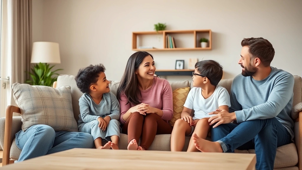 A diverse family of four sitting in a comfortable living room, engaged in genuine conversation and eye contact, warm lighting, parents and children showing open body language and emotional connection, professional photograph style