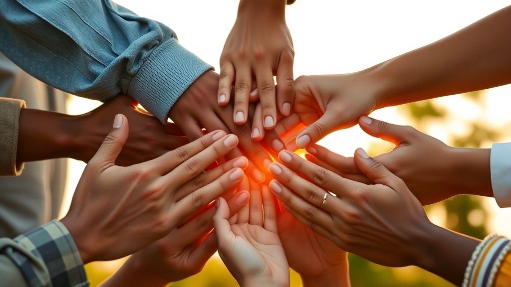 Close-up of hands coming together in the center, representing family unity and support, diverse hands of different ages and skin tones, warm golden hour lighting, symbolizing healing and connection