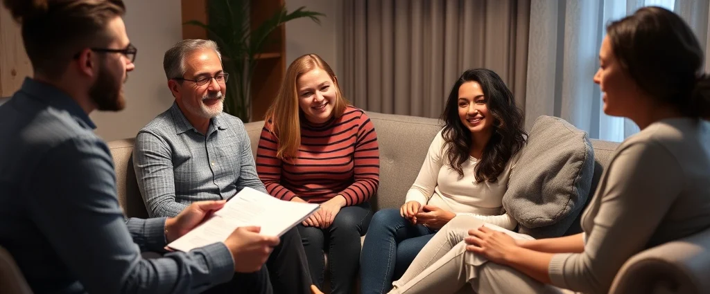 Diverse family of four sitting in comfortable circle during therapy session, therapist taking notes, warm lighting, genuine emotional connection visible, professional counseling room setting