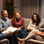 Diverse family of four sitting in comfortable circle during therapy session, therapist taking notes, warm lighting, genuine emotional connection visible, professional counseling room setting