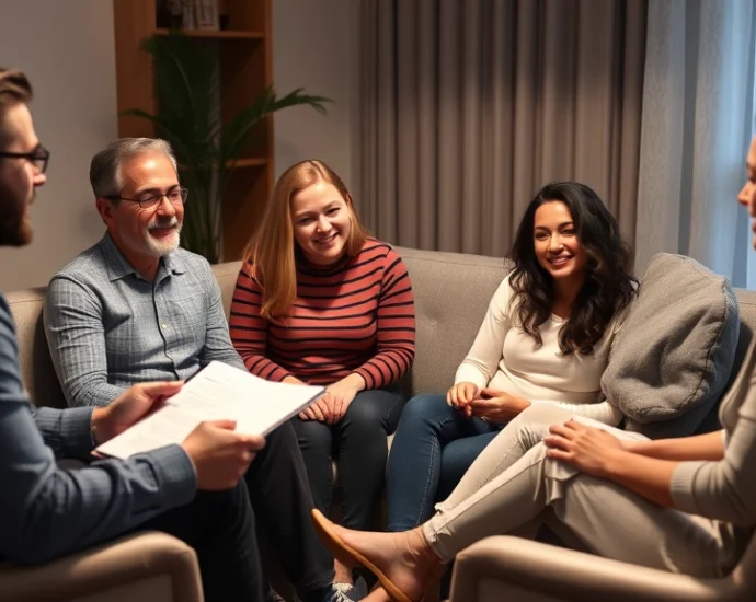 Diverse family of four sitting in comfortable circle during therapy session, therapist taking notes, warm lighting, genuine emotional connection visible, professional counseling room setting