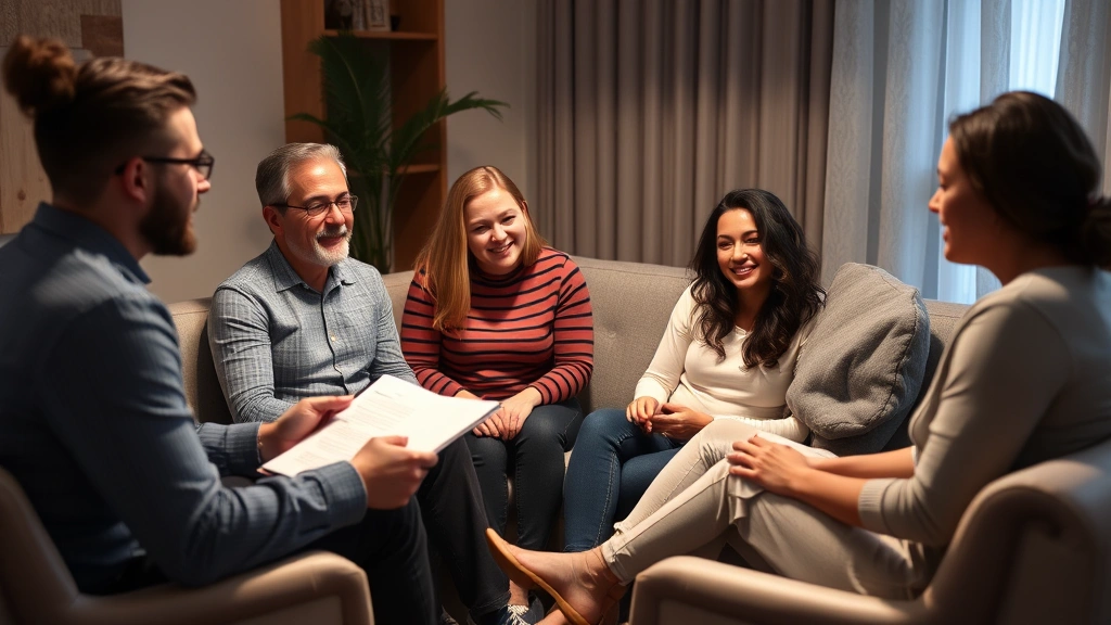 Diverse family of four sitting in comfortable circle during therapy session, therapist taking notes, warm lighting, genuine emotional connection visible, professional counseling room setting