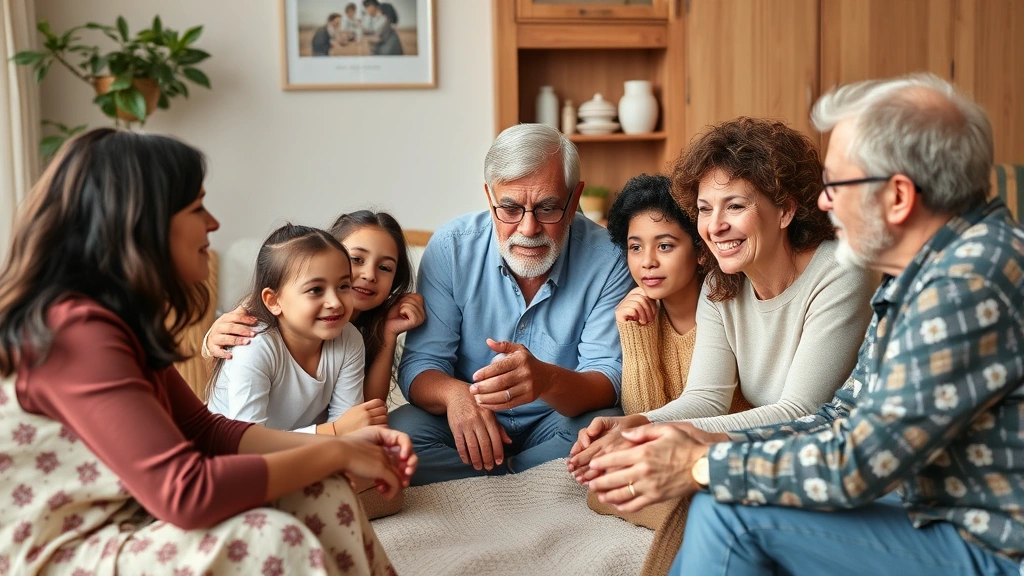 Multi-generational family group therapy session, different ages and backgrounds, collaborative problem-solving atmosphere, hopeful expressions, diverse family composition