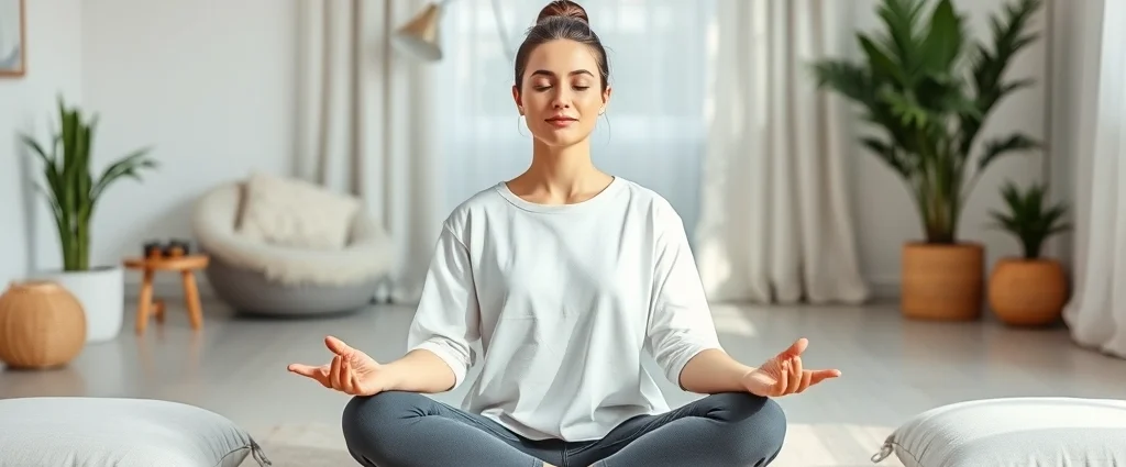 A serene person meditating in a modern therapy office with soft natural lighting, comfortable cushions, and minimalist decor, displaying peaceful facial expression and relaxed posture