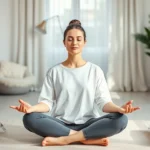 A serene person meditating in a modern therapy office with soft natural lighting, comfortable cushions, and minimalist decor, displaying peaceful facial expression and relaxed posture