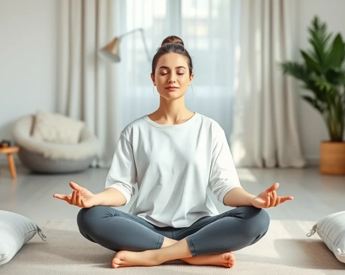 A serene person meditating in a modern therapy office with soft natural lighting, comfortable cushions, and minimalist decor, displaying peaceful facial expression and relaxed posture