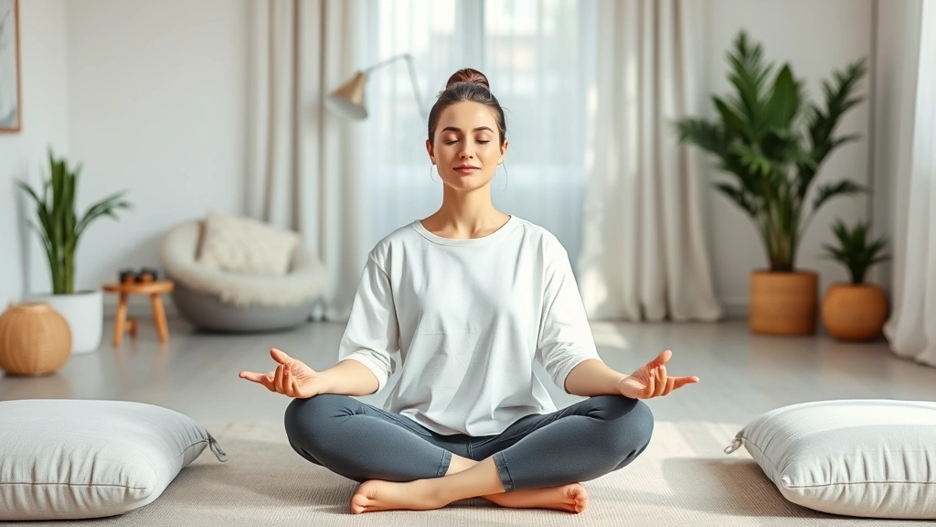 A serene person meditating in a modern therapy office with soft natural lighting, comfortable cushions, and minimalist decor, displaying peaceful facial expression and relaxed posture