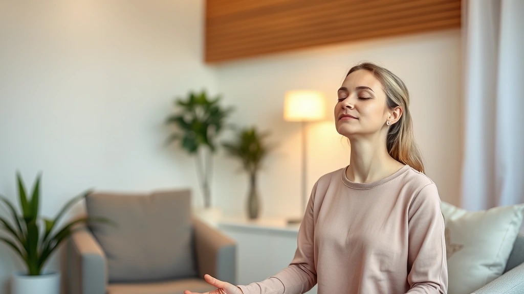A therapist and client in a calm consultation room during a mindfulness session, both with eyes closed in meditation, warm lighting, professional yet comfortable environment